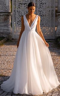 Elegant V-neck Ball Gown Chiffon Chapel Train Simple Wedding Dress with Sash