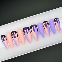 "This listing is for a set of pastel pink and purple ombré/gradient press on nails with glitter drip effect. This set can be customized to shape and size preferences. PLEASE READ PRODUCT DESCRIPTION BEFORE ORDERING: \"Candy Drip\" Looking almost good enough to eat, this set features a pastel pink and purple ombré, as if it's spun sugar. A pink and purple glitter drip detail at the base of the nails completes the look, and pays a final homage to the nostalgic, melt-in-your-mouth treat. These nail