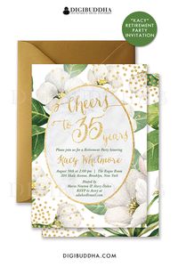 White blossom floral retirement party invitation with gold glitter sparkle confetti details. White vintage botanicals with green foliage. Choose from ready made printed invitations with envelopes or printable retirement farewell party invitations. Gold shimmer envelope and matching envelope liner also available separately, at digibuddha.com