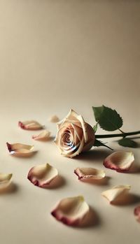 This serene image shows a single rose lying on its side, with all its petals gently fallen and scattered around it. The rose, now bare, rests peacefully on a soft, neutral background, creating a melancholic yet delicate atmosphere. The contrast between the rose stem and the scattered petals emphasizes the beauty in fragility and the quiet passage of time.