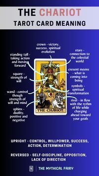 The Chariot tarot card symbolizes willpower, victory, and control, often linked to the planet Mars. Its imagery includes sphinxes, a star canopy, and a charioteer representing duality, the celestial world, and mind anf foreceful will. Learn more and do a free tarot reading by clicking the link!