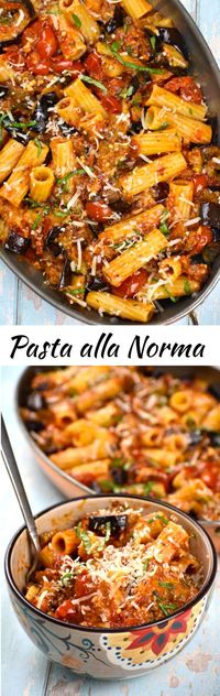 Pasta alla Norma is classic Sicilian comfort food, where pasta is tossed in a chunky eggplant and tomato sauce. It's a great company dish, as well as meatless night option!