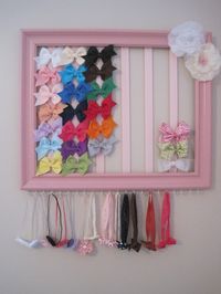 headband & bow holder out of painted   picture frame, ribbon, and hooks