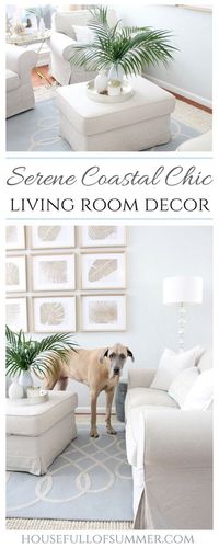 Serene Coastal Chic Living Room Decor | House Full of Summer coastal home interior, Palm Beach chic style, elegant coastal living room ideas, blue and beige interior, slipcovered furniture, palm fronds, Florida home style, tropical decor, layered rugs, natural rug