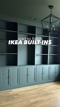 The IKEA built-in hack that I wish we knew sooner!! 🔨 🙌 FAQ We used the IKEA Havsta cabinets for lowers and Billy bookcases for uppers. This combo allowed the shelves to go to the ceiling (we have 9ft. ceilings so we had to cut them down about 9in). Next we added a connecting shelf with plywood and lattice trim. After caulking and using spackle to fill the miiiillions of holes, I sanded and primed the cabinets for paint. I love this moody green paint! 1905 Green by Magnolia Home (I got ...