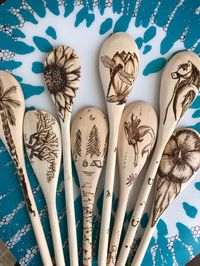 This standard size wood spoon has been decorated using the art of wood burning, otherwise known as pyrography.  In addition to looking great, this cute  spoon can still be used for cooking and baking and cleaned by hand washing in warm, soapy water.  All illustrations and decorations have been done free hand without the use of stencils or tracing.