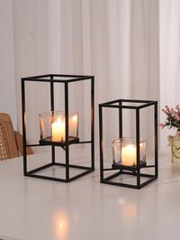 A Black Iron Square Candlestick, Black Iron Frame Glass Candlestick Holder, Three-Dimensional Candlestick Ornaments, Simple Style Party Banquet Decoration Candle Holder Halloween,Spooky,Autumn,Festival,Holiday Christmas,Winter,Holiday,Festival Black    Iron     Home Decor, size features are:Bust: ,Length: ,Sleeve Length: