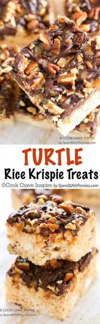 Turtle Rice Krispie Treats are quick and easy to make and loaded with gooey caramel, pecans and rich chocolate. Plus a secret tip to make the best soft chewy Rice Krispie Treats you've ever had!