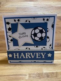 "Fun football themed handmade personalised Birthday card. Blue, white & silver football design with personalised lettering and happy birthday.  Please note for longer names the font will be reduced to fit, Any questions please ask. All cards are made with Non shed Glitter!! Card size 7\"x 7\"   Quality White card supplied with a white envelope and in clear cellophane for protection. All cards are sent 1st class with Royal Mail in board backed do not bend envelopes.  An Insert can be added for a