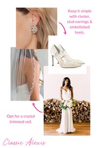 Traditional is anything but boring with our Alexis gown! Keep the wedding accessories minimal and classic, like simple cluster studs, embellished heels, and a trimmed veil for an elegant and classic bridal style. For more inspiration, check out our other wedding gown styling inspo boards, or go to our website to view our inspiration Lookbooks!