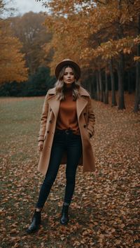 Discover the perfect fall outfit inspiration! This stylish ensemble combines a classic camel coat with a warm rust sweater and sleek dark jeans, creating a look that's both cozy and chic. The ankle boots and wide-brim hat add the finishing touches, making it ideal for autumn strolls or a casual day out. Elevate your wardrobe this season with these timeless pieces. Visit our site for more fall fashion ideas and make sure you're ready for the crisp autumn days ahead!#FallOutfitInspiration #AutumnStyle #FallFashion #CozyFallLooks #ChicAutumnOutfit #LayeredLook #SeasonalStyle