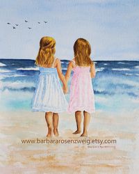 "Beach Twin Sisters have a special bond. I hope I captured that special love in this watercolor painting, perfect for beach décor and a little girl's room. GET 10% off when ordering 3 or more canvas or matted art prints. So stock up for birthday and holiday gifts or a special treat for yourself without any guilt! Use coupon code 3GET10PERCENTOFF at checkout. TITLE: \"Beach Sister Love - Forever Friends\" MEDIUM: Watercolor MAT: White, with bevel cut, enclosed with print in clear protective plast