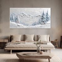 Welcome to my shop! About this painting： Titled 'Impression of Winter', this oil painting employs a thick texture technique and the artistic approach of palette knife to capture the serene and solemn ambience of a winter valley. The snow-covered mountains and trees depict the pure beauty and simplicity of nature in winter, with a monochrome palette interweaving shades of white and grey, creating a landscape that conveys the chill of winter yet exudes a warm sentiment. Perfect for enhancing your