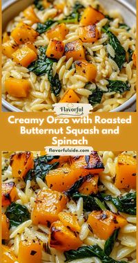 Cozy up with this creamy orzo dish featuring roasted butternut squash and spinach 🍂🧄 A perfect fall-inspired dinner idea!