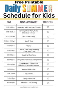 Keep kids busy all summer with this easy Daily Summer Schedule template for kids. It's a simple-to-follow summer routine with fun kids' activities, outdoor play, & educational activities. Use the pre-planned summer schedule or the blank schedule to create your own routine. Just print it out and get started today!