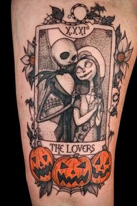 Jack Skellington and Sally as "The Lovers" Tarot card with pumpkins and flowers/webs for background