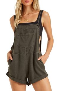 Pursue weekend fun wearing these short overalls woven from a lightweight cotton blend that's washed for a faded, vintage look. Tie straps and rolled hems add to the laid-back vibe. 23" center front length; 3 1/2" inseam; 26" leg opening (size Medium) Adjustable-tie straps Front slant pockets; chest and back patch pockets 60% cotton, 40% viscose Hand wash, line dry Imported