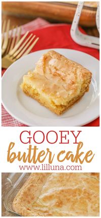 Gooey butter cake is a simple and amazingly delicious dessert with a cake batter crust and soft, gooey cream cheese top that makes it addicting! #gooeybuttercake #butter #cake #desserts #treats