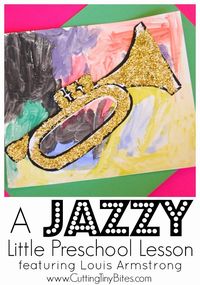 Trumpet craft and jazz music lesson for preschoolers or older kids, focusing on Louis Armstrong and Ella Fitzgerald. Great for Black History Month!