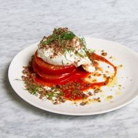 Beefsteak Tomato and Burrata Salad with Olive Streusel