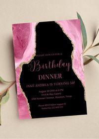 Editable pink and gold birthday dinner invitation perfect for your next birthday party or birthday dinner. This pink agate invitation can be edited yourself using Canva. If you choose to print yourself the print size is 5x7 and can be printed on cardstock invitation paper. You can also have the completed file taken to your local print shop and have them print. Can also be saved as an image to use as a text invitation or email invitation. All the wording is editable. Details: Birthday Dinner invi