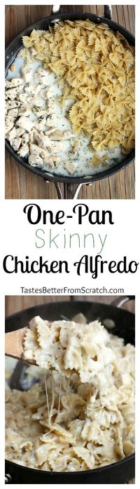 One-Pan Skinny Chicken Alfredo recipe is so EASY and tastes as great as the real deal, but without the extra calories! Recipe on TastesBetterFromScratch.com