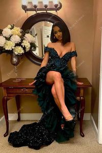 Emerald Sequin Off-shoulder Ruffle Slit Tailor Made Prom Dress #promdress #cocktaildress