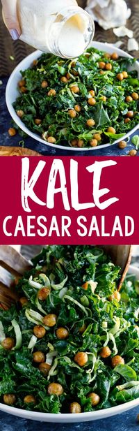 Kale Caesar Salad with Crispy Garlic Chickpeas because we are not about to eat a boring Caesar salad around here! #salad #kale #kalesalad #healthy #vegetarian #glutenfree #chickpeas #dressing