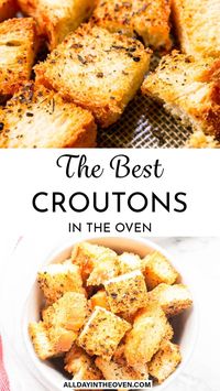 How to make Homemade Croutons with 5 ingredients. This oven roasted crouton recipe is so much better than store bought croutons! They are bigger, chunkier and perfect for salads, soups or stuffing. Crouton Recipe, Crouton Salad, Crouton Recipes, Homemade Croutons, Bread Homemade, Croutons Homemade