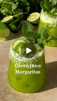 Stephanie Wahler on Instagram: "Life’s all about balance. 🍍🥒🌿

Green Juice Margarita (Serves 2)
8-10 cilantro sprigs 
8-10 mint leaves 
1 cup pineapple
1/3 cup chopped cucumber 
2 slices jalapeño slices (seeds removed)
1 oz fresh lime juice
1/2 oz agave 
1 oz Ancho Reyes Verde
3 oz tequila 
Sea salt for the rim of the glass

Rub a lime wedge over the rim of two cocktail glasses, then dip into sea salt and set aside. Add cilantro, mint, pineapple, cucumber, and jalapeño slices to a blender and blend until smooth. Add lime juice, agave, Ancho Reyes, tequila, and the blended juice in a cocktail shaker. Fill the shaker with ice and shake until cold. Strain into your prepared glasses over ice. 

.
.
.
.
#marg #margs #greenjuice #cocktails #cocktailrecipes #springmargarita #spicymargarita #ma