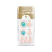 Press-on pedicure gel nails with easy application and comfortable wear. A metallic nude pedicure with a bold turquoise seashell accent.