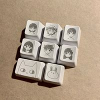 I'm not crying. Spoiler free! Set of 8: Friends x6 + Bunny and Cat (Tab key)! Cherry MX white PBT keycaps, OEM Profile, 1x1 R1-R4 available, other sizes like 1x1.75 R3 available too.  Etched with a fiber laser. PBT discolored to gray. Durable finish that's smudge/scratch proof. Made in Michigan. If you want to choose different rows, please select "Customize" and specify it in "personalization"!