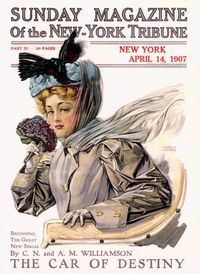 via http://www.magazineart, Sunday Magazine NY Tribune - 1907- HILARIOUS: cover reads 'the car of destiny,' and the traveling coat / outfit the woman is wearing includes what appears to be ca1907 'road kill' on her hat