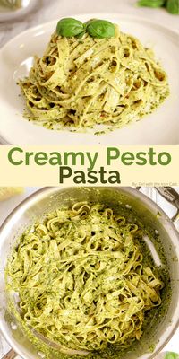 This easy creamy pesto pasta sauce made from scratch, is the perfect way to use your growing basil plant! #pesto #pestopasta #pestorecipe #creamypesto #pastarecipe #easypesto #pastasauce #dinner #basil #basilrecipe