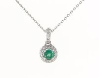 14K WHITE GOLD GREEN EMERALD AND DIAMOND FALLING EDGE HALO NECKLACE.