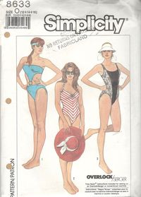 Simplicity 8633; Misses' Swimsuits ... Sized for Stretch Knits Only: All swimsuits have high-cut legs and elasticized edges. V. 1 has front ring. V. 2 has bustline gathers and self binding extending into tie ends. V. 3 has contrast front inset. Size: 12 - 14 - 16 Bust: 34 - 36 - 38 Waist: 26 1/2 - 28 - 30 Hip: 36 - 38 - 40 Copyright: 1988 This is uncut and factory folded. The envelope with tattering has holes punched in sides. See images above for additional pattern details. ★ ★ ★ ★ ★ ★ ★ ★ ★ ★