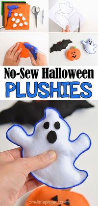 These no-sew Halloween plushies are SO CUTE and they're so simple to make. This is such an easy Halloween craft and a super fun craft for kids. No sewing skills required! Grab the free printable template and make your own ghost, pumpkin and bat plushies.