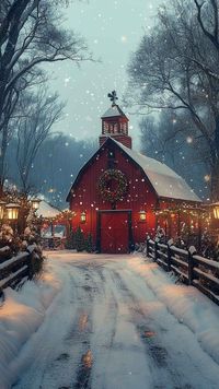 Stunning 8K Christmas wallpaper featuring a red barn in a snowy winter scene. Perfect for mobile & iPhone backgrounds.