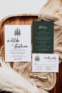 Editable Pine Forest wedding invitation suite templates feature a minimal evergreen design, a bold details card and a modern font. Perfect for a winter, rustic or outdoor wedding. Matching items available. If you are looking for stationery inspiration or ideas for rustic, outdoor or winter weddings or events, our shop Simply Pretty Pieces has lots of designs to choose from. Special offers and discounts available. #woodlandwedding #winterwedding #fallwedding #forestwedding #rusticwedding