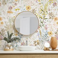 Self Adhesive Temporary Removable Vinyl Wallpaper Or Polyester Fabric Peel and Stick Wallpaper with Сolored Floral Watercolor Field Plants Style Botanical Design. Great for Girls room, Nursery, Bedroom, Living Room, Kitchen, Hallway, Bathroom.