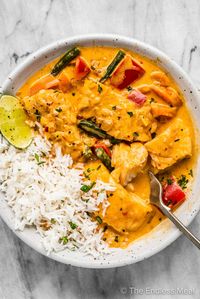 PIN TO SAVE! Thai fish curry is a 20 minute dinner recipe that tastes like a special treat. The fish is gently poached in a flavorful, coconut curry sauce that's bursting with delicious Thai flavors. You'll love it! #theendlessmeal #fishcurry #thaifishcurry #curry #fish #seafood #fishrecipe #thairecipes #easyreacipes #easymeals #curryrecipe #thai #greencurry #redcurry