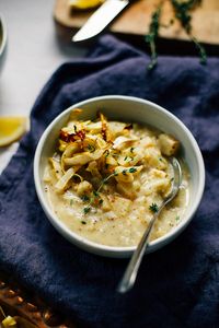 dreamy winter vegetable chowder w/ mustard, lemon + crispy cabbage