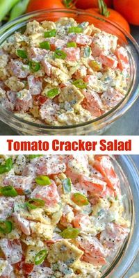 We’re bring you another Southern staple today with this super yummy, 4 ingredient Tomato Cracker Salad. Garden fresh tomatoes, crushed saltine crackers, & tangy green onions are mixed with a creamy mayonnaise dressing for the ultimate lunch, snack, or appetizer.