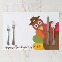 Celebrate family, friends and Thanksgiving with these fun personalized paper placemats featuring a turkey in a Pilgrim hat and your custom text.  Add your own greeting, year, etc.  Festive and simple, a perfect addition to your Thanksgiving dinner table decor.