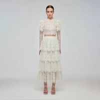 Ivory Corded Lace Tiered Midi Skirt | self-portrait-US