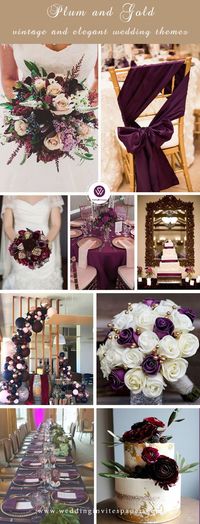 7 Exceptional Purple Color Combos to Rock for 2019---plum and gold color palettes fall or winter weddings with elegant bouquets, cakes, table settings and balloon decorations.