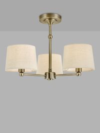 With a traditional design that won't date, this semi-flush ceiling light is a great option in rooms where low ceiling height may be an issue. Designed with three arms to cast light around your space, its natural linen lampshades add texture, charm and help to diffuse the light. Three LED bulbs are required.