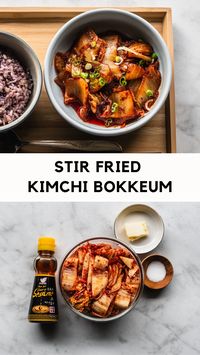 A delicious recipe and versatile dish that's also a great way to use up old kimchi: Stir Fried Kimchi also known as Kimchi Bokkeum! A great side dish in Korean cooking that's universally adored. Make in 10 minutes. Serve with rice, tofu, and a fried egg for a fast, satisfying, and delicious meal.