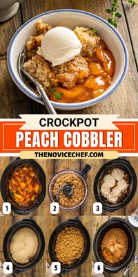 This sweet and easy Crockpot Peach Cobbler recipe is a semi-homemade dessert that skips the oven! Topped with a buttery brown sugar crumble.