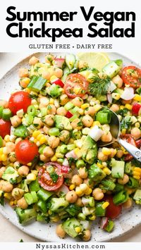 This easy chopped vegan chickpea salad is made with a rainbow of fresh veggies, creamy avocado, dill, parsley, green onions, and a simple lemony dressing. A healthy and unique recipe that's perfect for a quick lunch, summer BBQ, or potluck! Vegan, vegetarian, dairy free, gluten free!